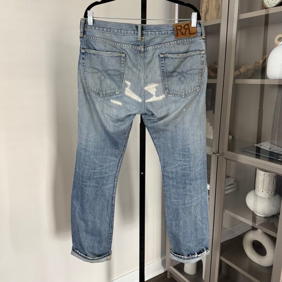 RRL Ralph Lauren Selvedge Denim Distressed Patch Jeans 32 Low Straight Double RL - Picture 4 of 7
